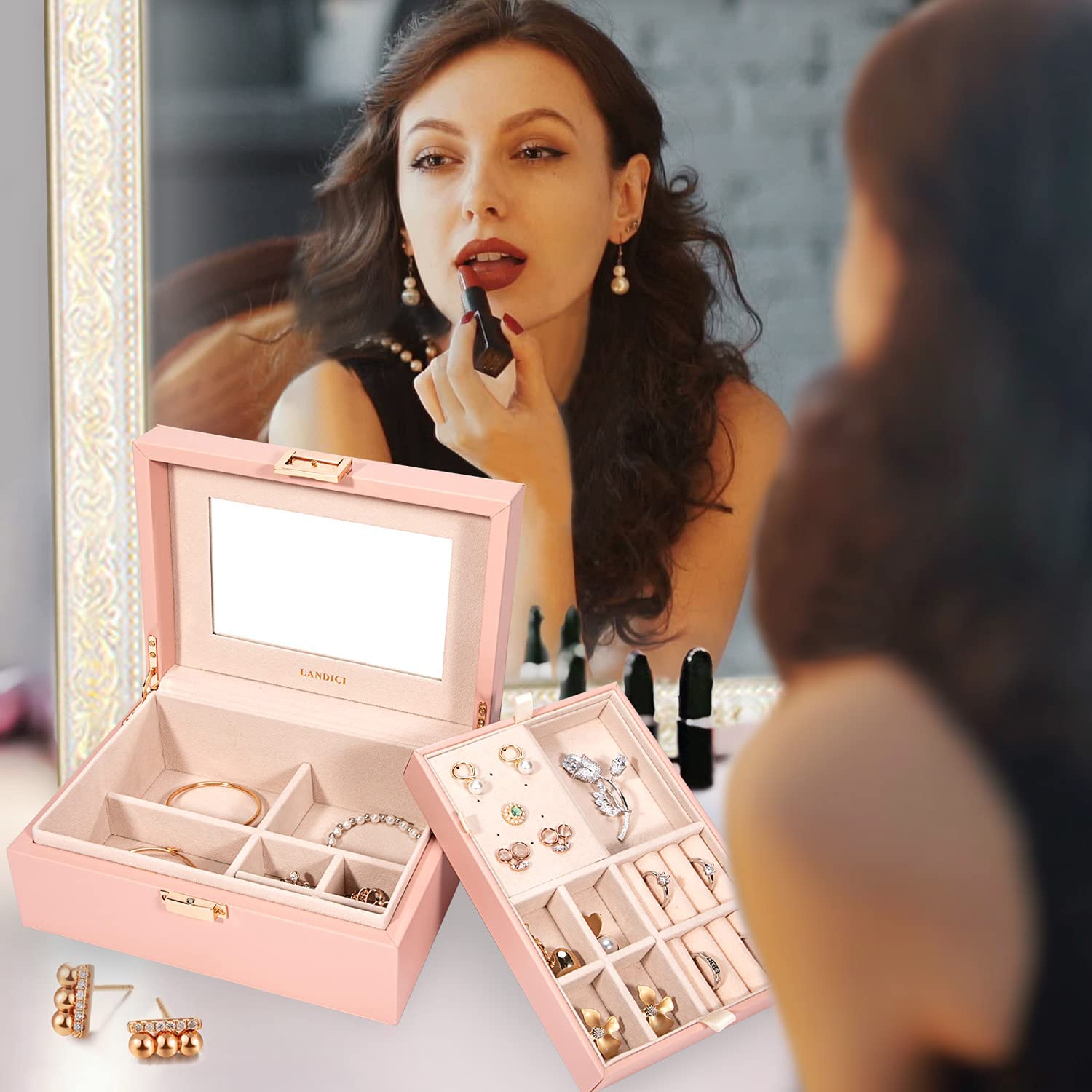 LANDICI Jewelry Organizer Box for Women Teen Girls,Large Jewelry Storage Case with Mirror,2 Layer Removable Stackable Tray,Leather Jewellery Display Holder for Ring Necklace Earring Bracelets,Grey - Image 7